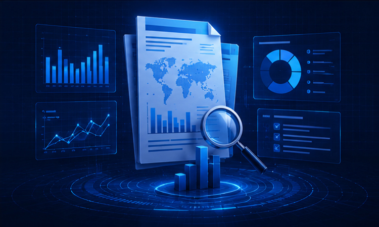 Research illustration showing reports, evidence, charts and analytical insights
